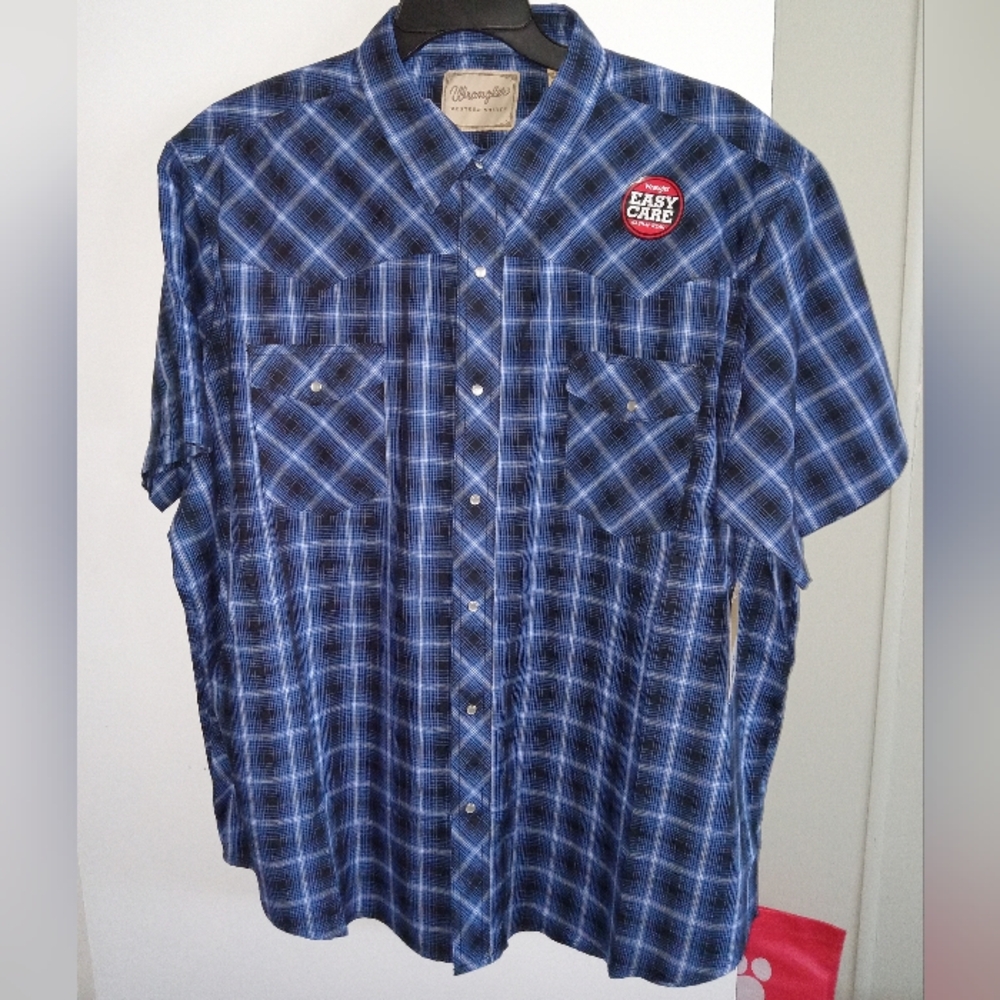 NWTS Wrangler Blue Plaid Short Sleeve Pearl Snap Western Shirt Size 2XL